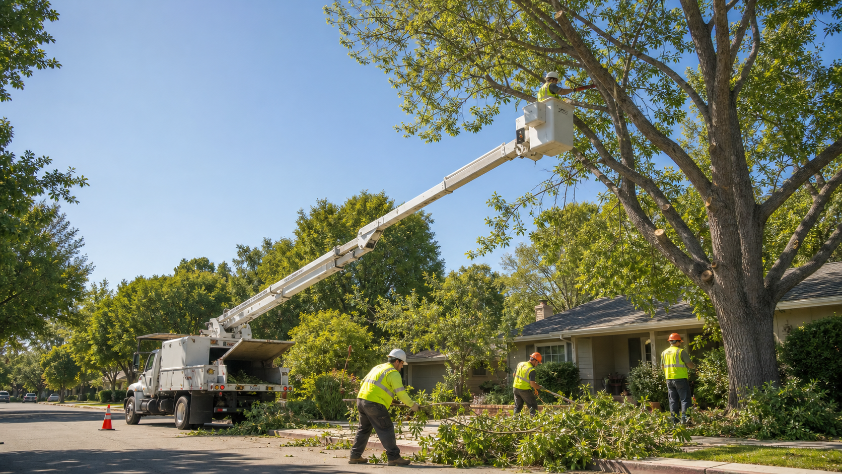 Tree service crew trimming a mature residential tree
